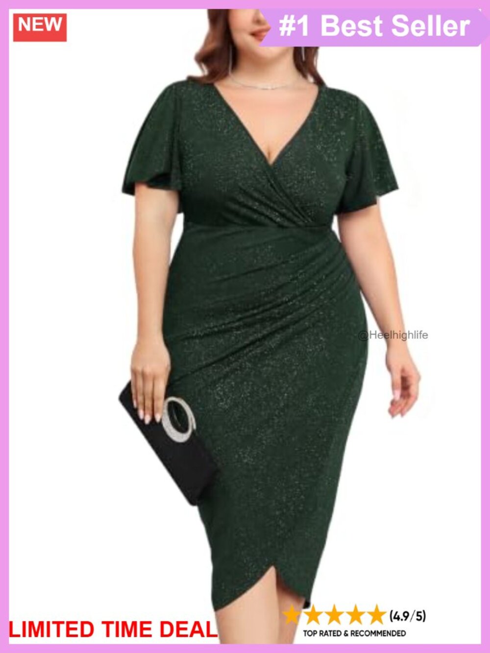 Plus Size Glitter Bodycon Midi Dress Ruched Wrap V-Neck Ruffle Sleeve